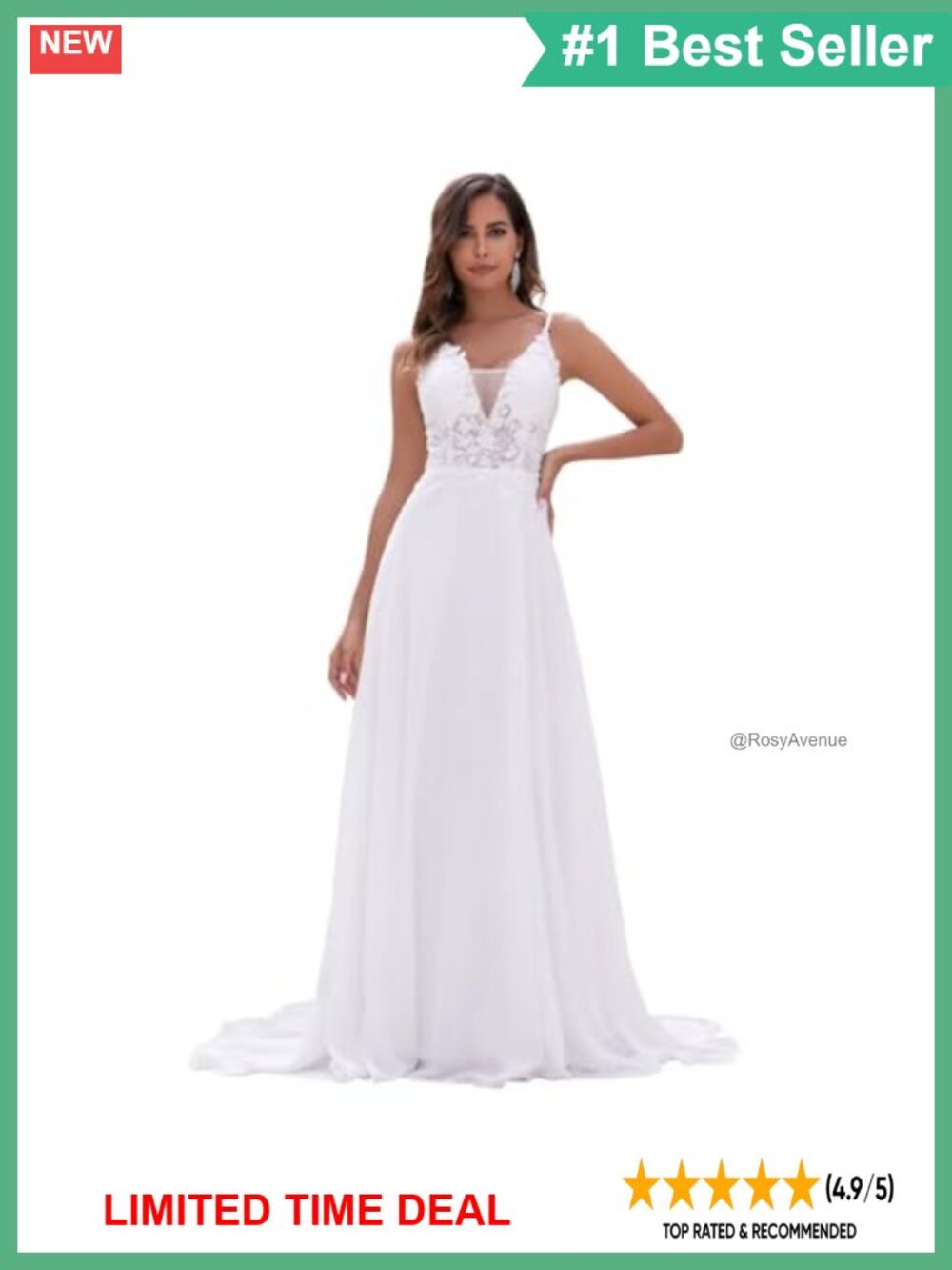 Chiffon Wedding Dress Lace Applique V Neck Spaghetti Strap Bridal Gown with Slit